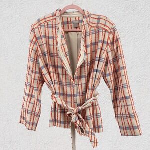 Chico's Boucle Jacquard Tweed Jacket Womens 2 Belted‎ Faux Leather Trim Classic